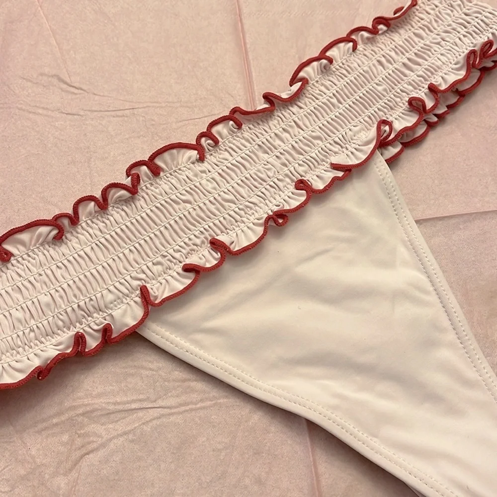 Frankies Bikini Sophie Thong White Bikini Bottom with Red Trim Small New